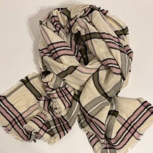 NWT Plaid Fringe Scarf in Pink, Green and Cream